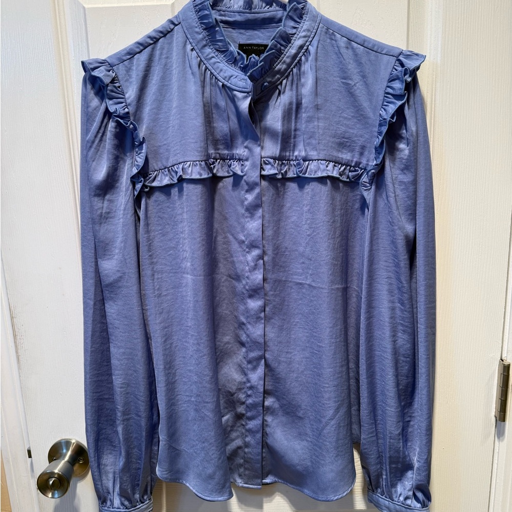 Ann Taylor Lavender Ruffle-Trim Button-Down Blouse